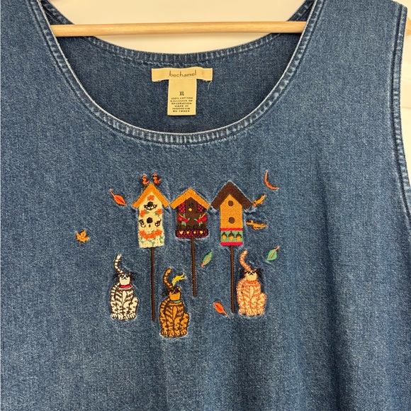 Bechamel  Embroidered Denim Sleeveless Maxi Jumper Birdhouse Cats Cottagecore XL - Picture 4 of 10